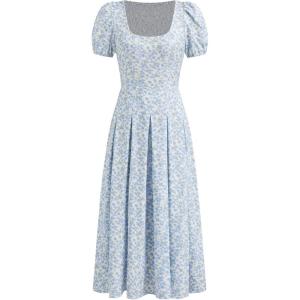 CIDER Floral Midi Dress Women’s Summer Square Neck Puff Sleeve Slit Dresses(Light Blue)