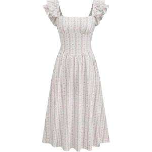 CIDER Floral Print Midi Dress Cap Sleeve Women’s Summer Ruffle Sleeve Casual Dresses(Pink)