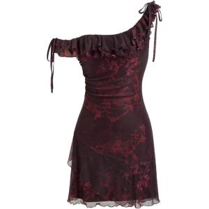 CIDER Mini Floral Print Ruffle Knot Sleeveless Short Dress Scoop Neckline Party Vacation Dresses(Wine)