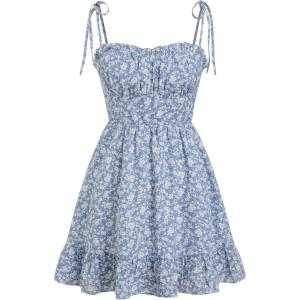 CIDER Women Summer Dress Flowy Floral Short Dresses Ruffle Mini Spaghetti Strap Mini Sundress(Blue)