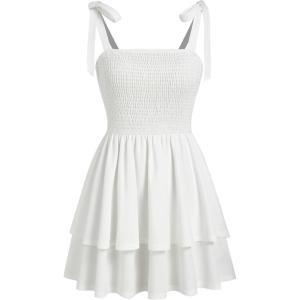 CIDER Women Summer Short Mini Dress Tie Strap Smocked Tiered Square Neck Sleeveless Sundress(White)