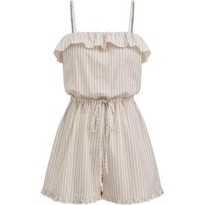 CIDER Womens Casual Rompers Sleeveless Ruffle Drawstring Striped Overall Shorts(Khaki)