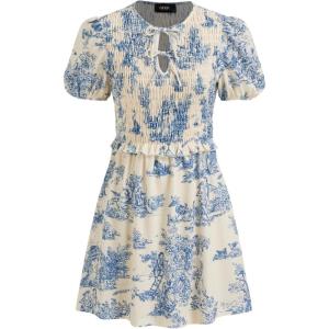 CIDER Women’s Floral Mini Puff Short Sleeve Dress Toile Print A Line Smocked Dresses(Blue)