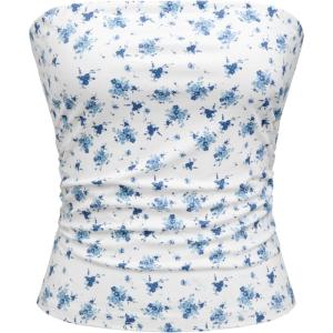 CIDER Women’s Floral Print Tube Top Summer Sleeveless Bandeau Top(Blue)