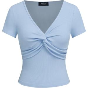 CIDER Womens Front Knotted V-Neck Blouse T Shirt Short Sleeve Tops Summer Solid Tees(Blue)