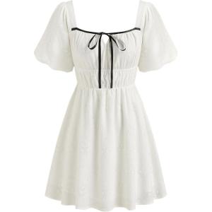 CIDER Women’s Mini Cocktail Dresses Cute Bow Knot Sun Dress Puff Short Sleeve Dresses for Summer Trendy(White)