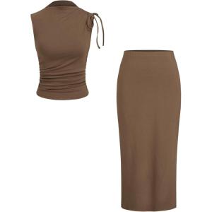 CIDER Women’s Sleeveless Tie Shoulder Tank Top & Midi Skirt Elegant Set(Brown)
