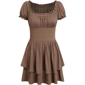 CIDER Womens Tiered Ruffle Mini Dress Square Neck Short Sleeve Casual Dresses(Brown)