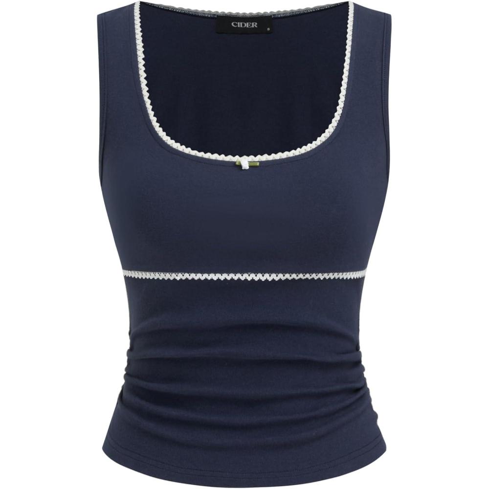 imageCIDER Summer Sleeveless Tank Tops for Women Square Neck Ribbed Knit Trim TopsBlue