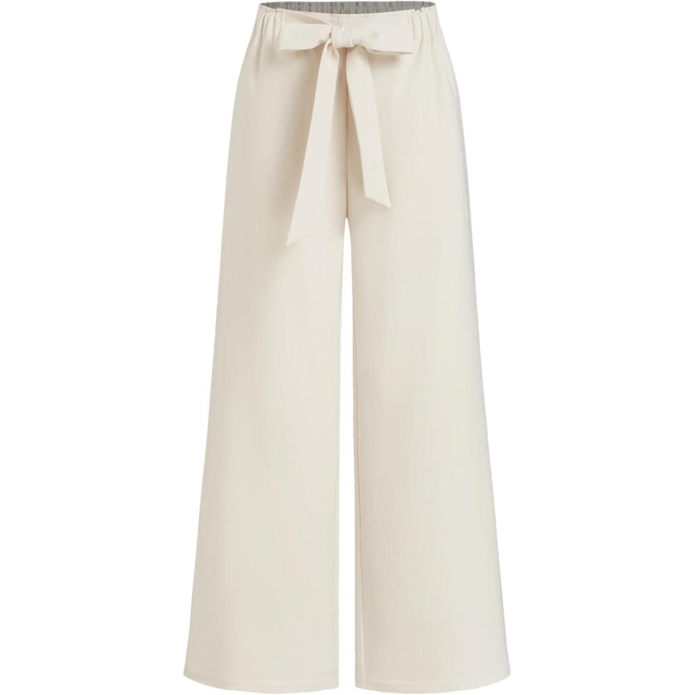 imageCIDER Women Wide Leg Pants Tie Knotted Mid Waisted Business Casual OutfitsWhite