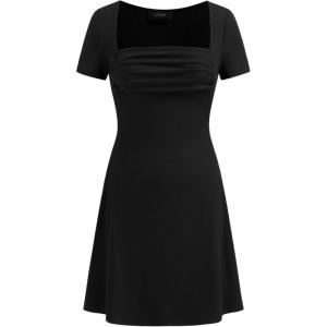 CIDER Square Neck A Line Cap Sleeve Mini Ruched Elegant Party Dresses for Summer(Black)