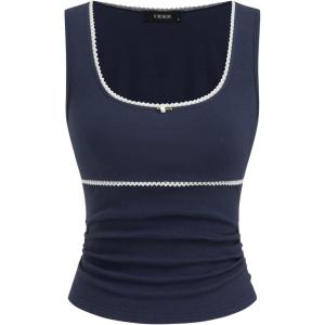 CIDER Summer Sleeveless Tank Tops for Women Square Neck Ribbed Knit Trim Tops(Blue)