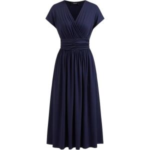 CIDER Womens V-Neck Midi Dress Ruched Short Sleeve Casual A Line Dresses(Dark Navy)