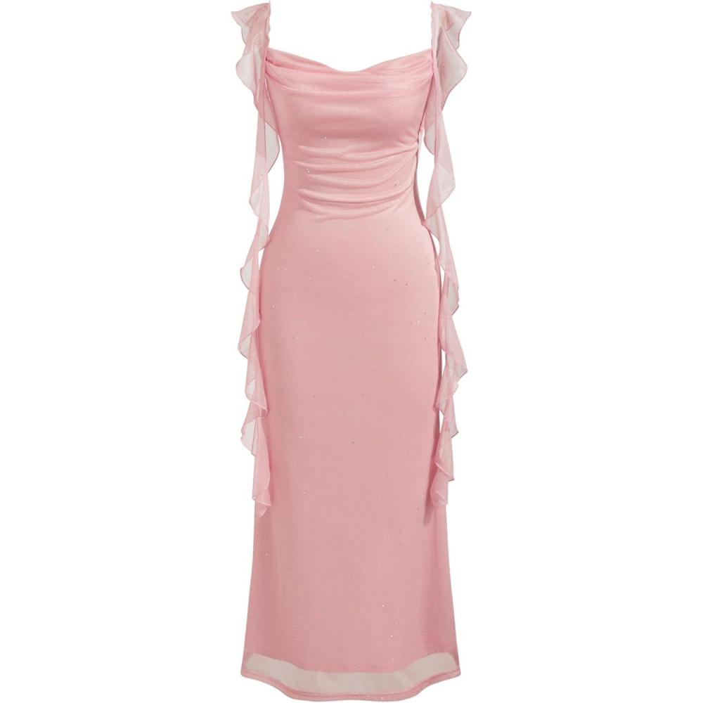 imageCIDER Formal Dresses for Women Wedding Guest Dresses Summer Maxi Dress Sleeveless Mesh Ruffle Cocktail Bodycon Dress 2025Sequinlight Pink