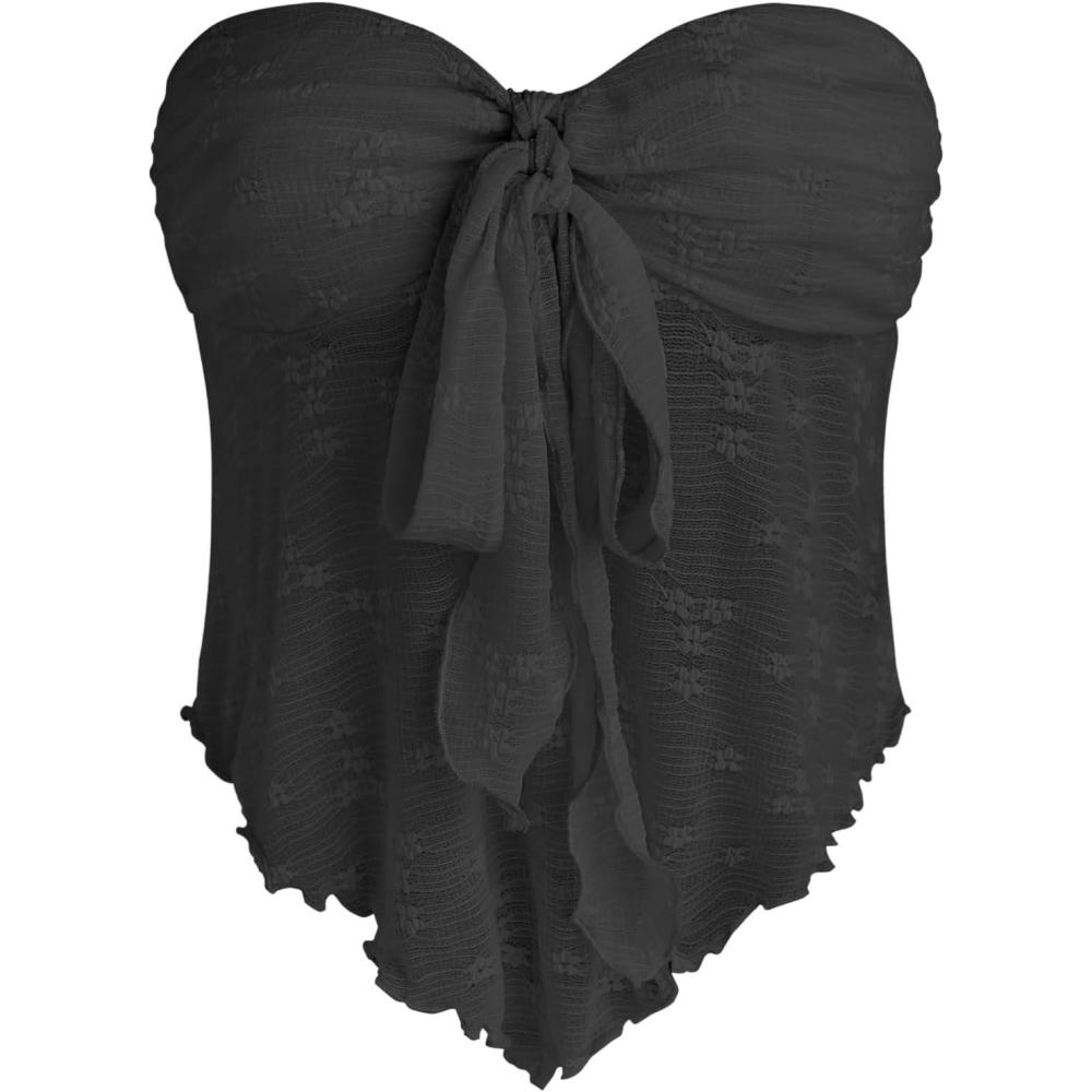 imageCIDER Summer Tube Tops for Women Floral Tie Front Cute Tops Sexy Going Out Tops Trendy Strapless Mesh Flowy Top CasualBlack