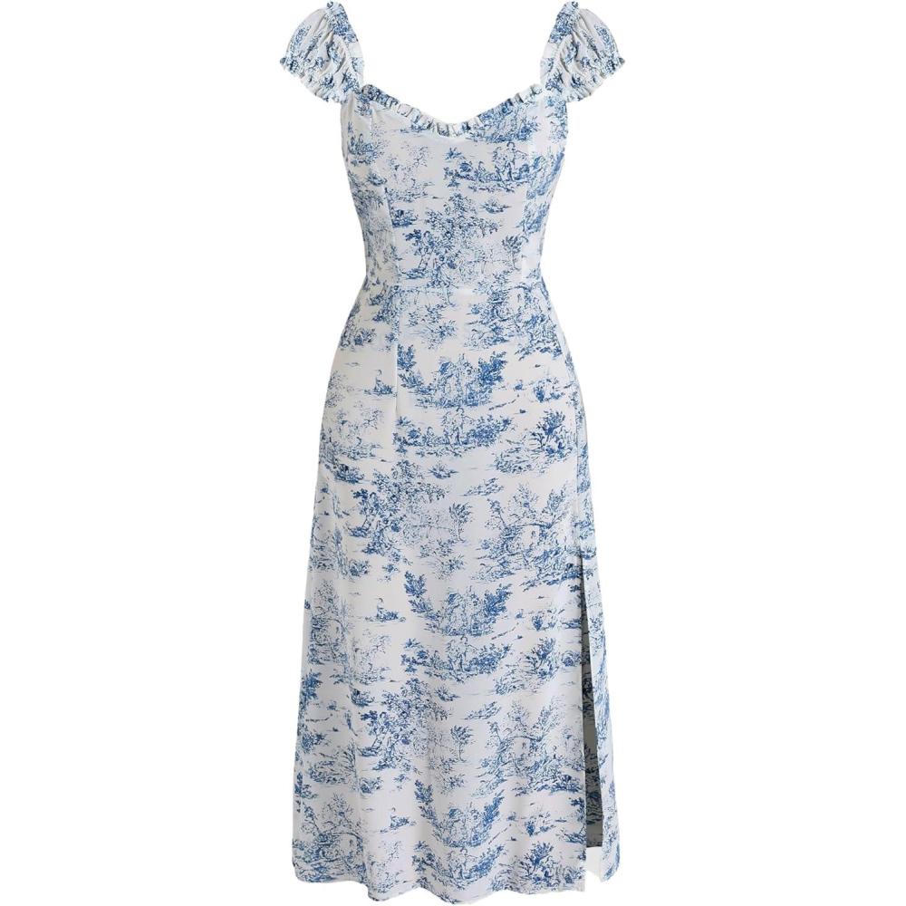 imageCIDER Toile de Jouy Ruffle Trim Slit Midi DressBlue