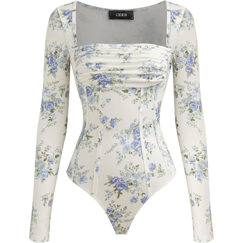 imageCIDER Womens Santorini Beach Vacation Square Neck Floral Ruched Corset BodysuitBlue