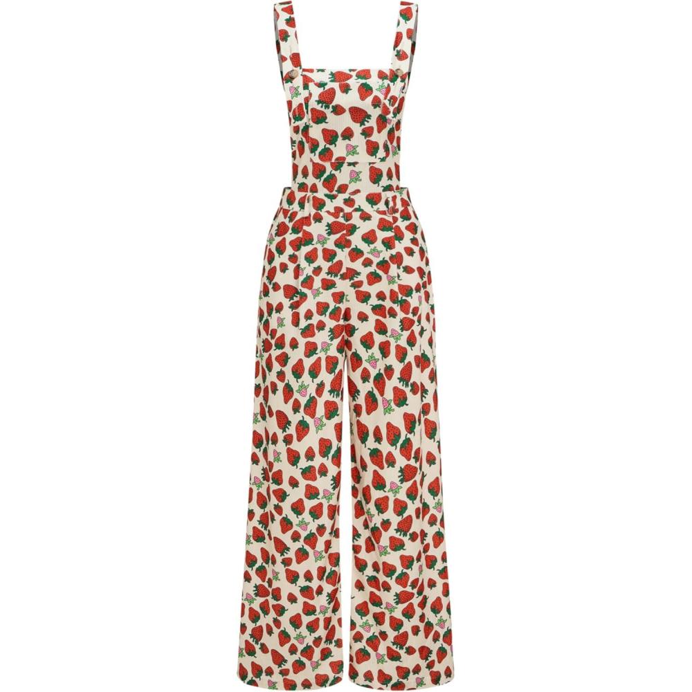 imageCIDER Womens Woven Strawberry Print Wide Leg JumpsuitBeige