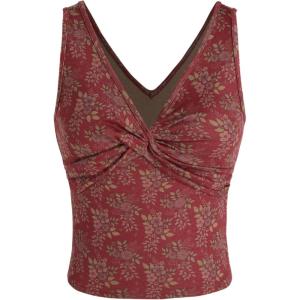 CIDER Jersey V-Neck Floral Twist Crop Top(Carmine)