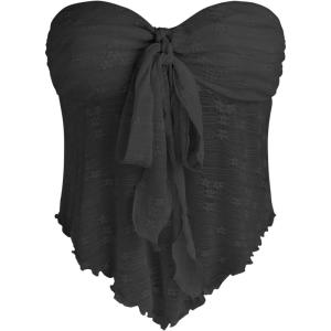 CIDER Summer Tube Tops for Women Floral Tie Front Cute Tops Sexy Going Out Tops Trendy Strapless Mesh Flowy Top Casual(Black)