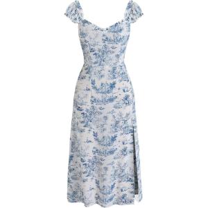CIDER Toile de Jouy Ruffle Trim Slit Midi Dress(Blue)
