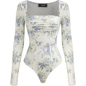 CIDER Women’s Santorini Beach Vacation Square Neck Floral Ruched Corset Bodysuit(Blue)
