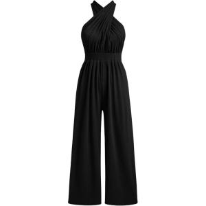 CIDER Women’s Solid Rib Criss Cross Knotted Jumpsuit(Black)