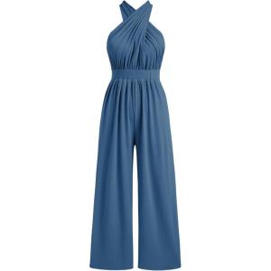 CIDER Women’s Solid Rib Criss Cross Knotted Jumpsuit(Blue)