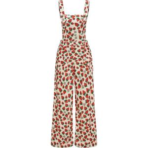 CIDER Women’s Woven Strawberry Print Wide Leg Jumpsuit(Beige)