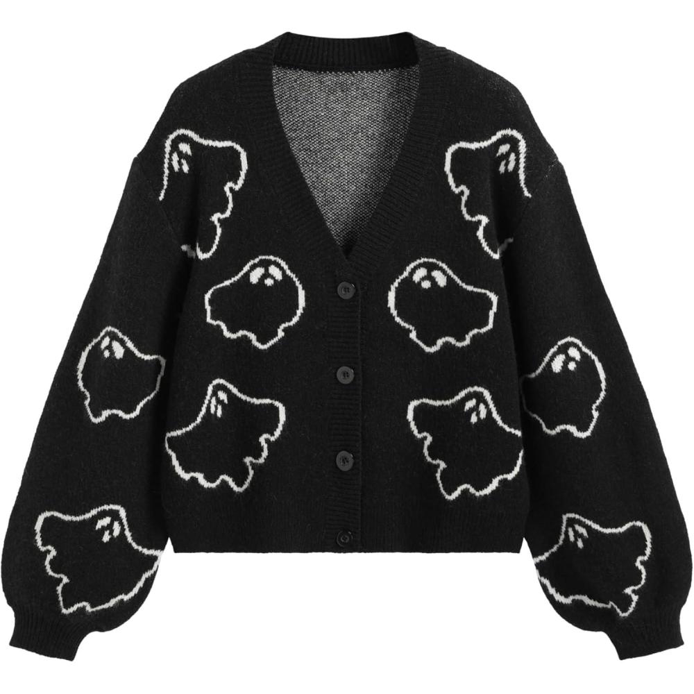 imageCIDER Halloween VNeck Ghost Button CardiganBlack