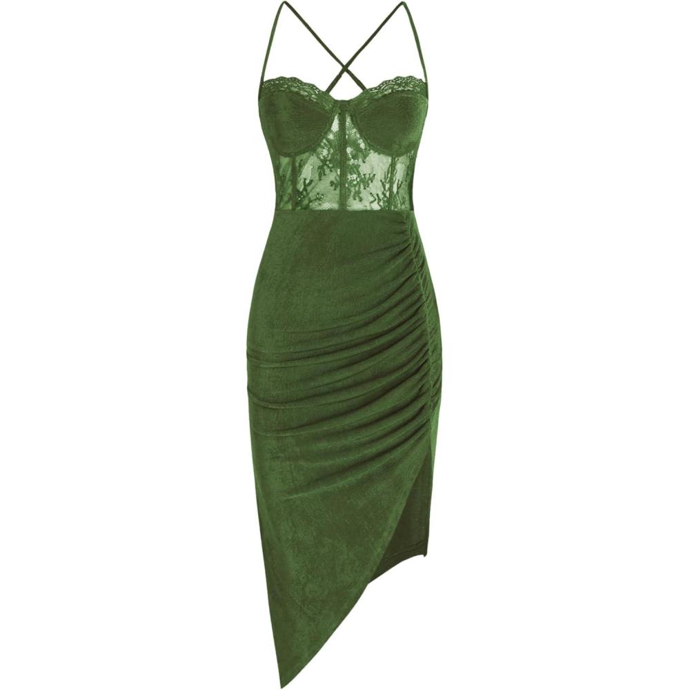 imageCIDER Lace Ruched Split Cami Midi DressGreen