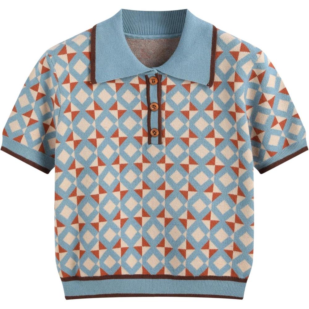 imageCIDER Womens Knit Collar Geometric Button Short Sleeve TopBlue