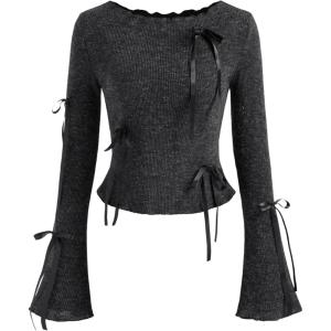 CIDER Boat Neck Bowknot Long Sleeve Top(Black)