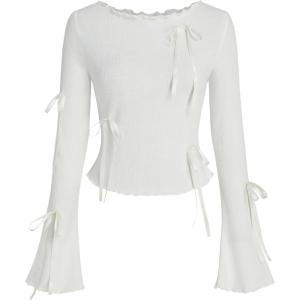 CIDER Boat Neck Bowknot Long Sleeve Top(White)