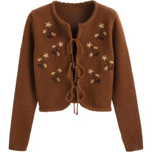 CIDER Floral Embroidery Knotted Cardigan(Brown)