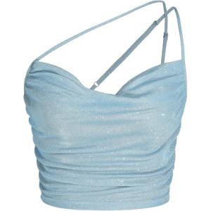 CIDER Glitter Ruched Cowl Neck Tank Crop Top(Sky Blue)