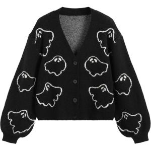 CIDER Halloween V-Neck Ghost Button Cardigan(Black)