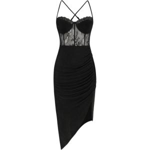 CIDER Lace Ruched Split Cami Midi Dress(Black)