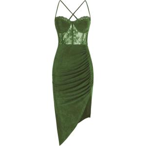 CIDER Lace Ruched Split Cami Midi Dress(Green)