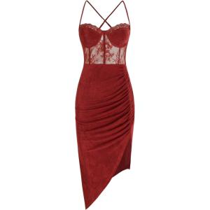 CIDER Lace Ruched Split Cami Midi Dress(Red)