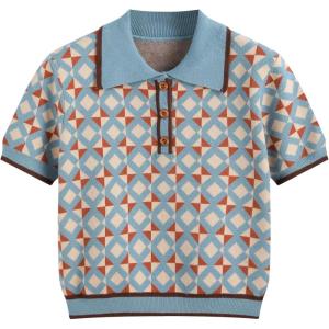 CIDER Women’s Knit Collar Geometric Button Short Sleeve Top(Blue)