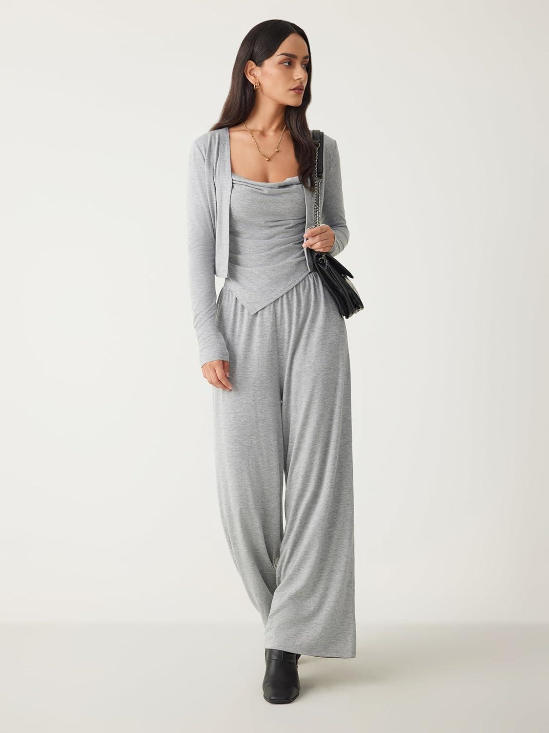 imageCIDER 3 Piece Outfits Solid Ruched Tank Top ampamp Cardigan ampamp Pants SetGrey