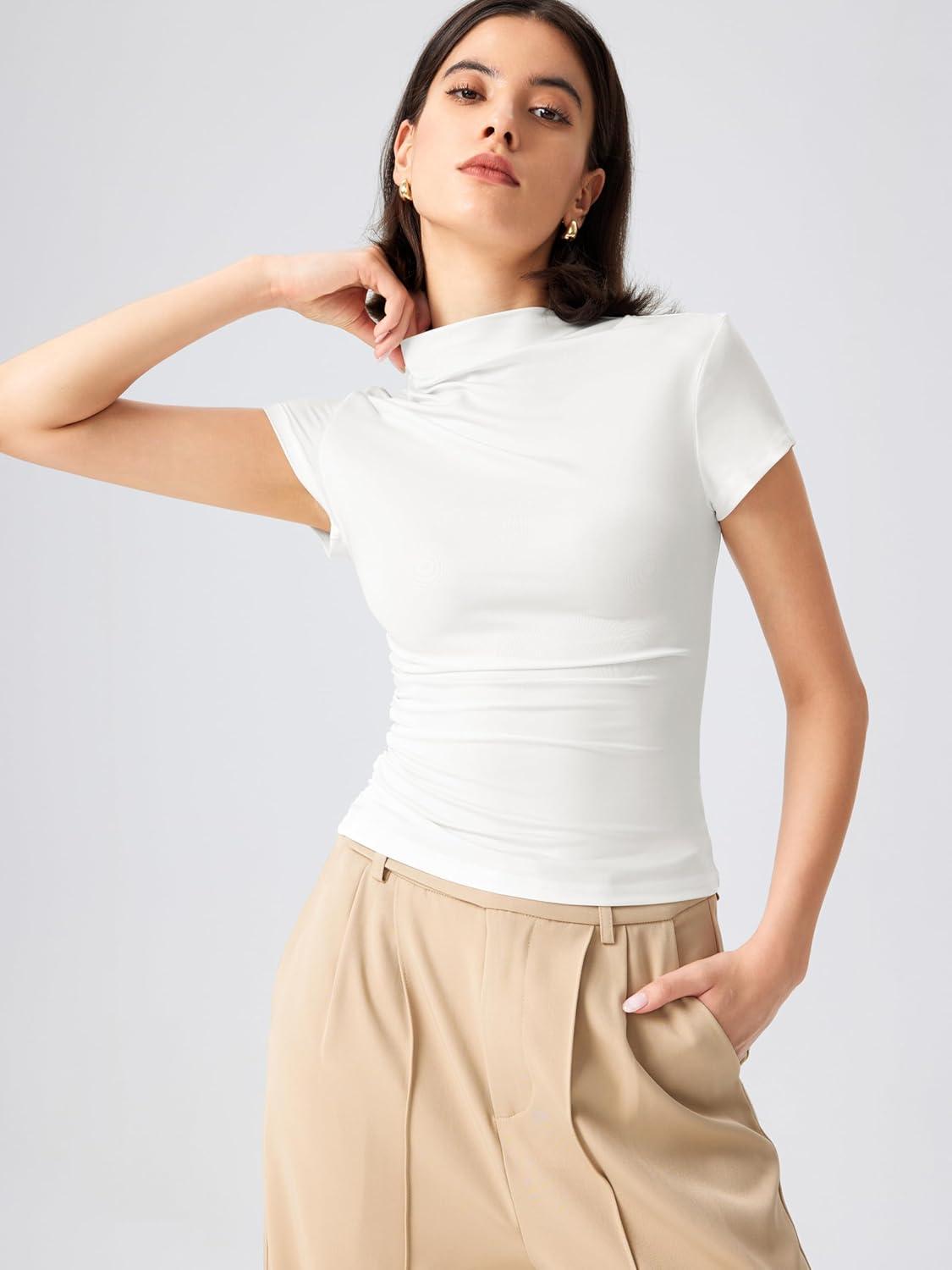 imageCIDER High Neck Ruched Short Sleeve TeeWhite
