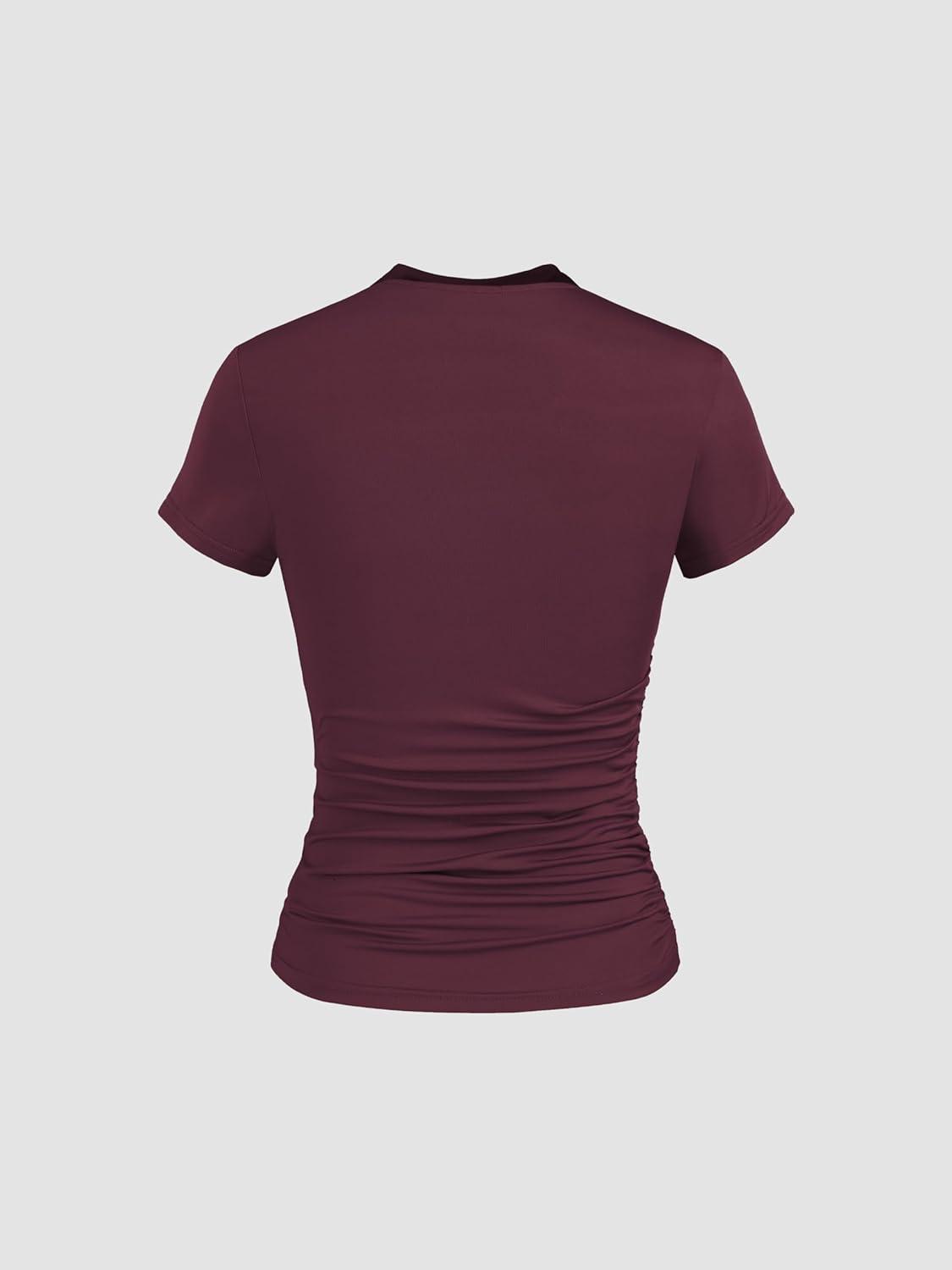 imageCIDER High Neck Ruched Short Sleeve TeeWine