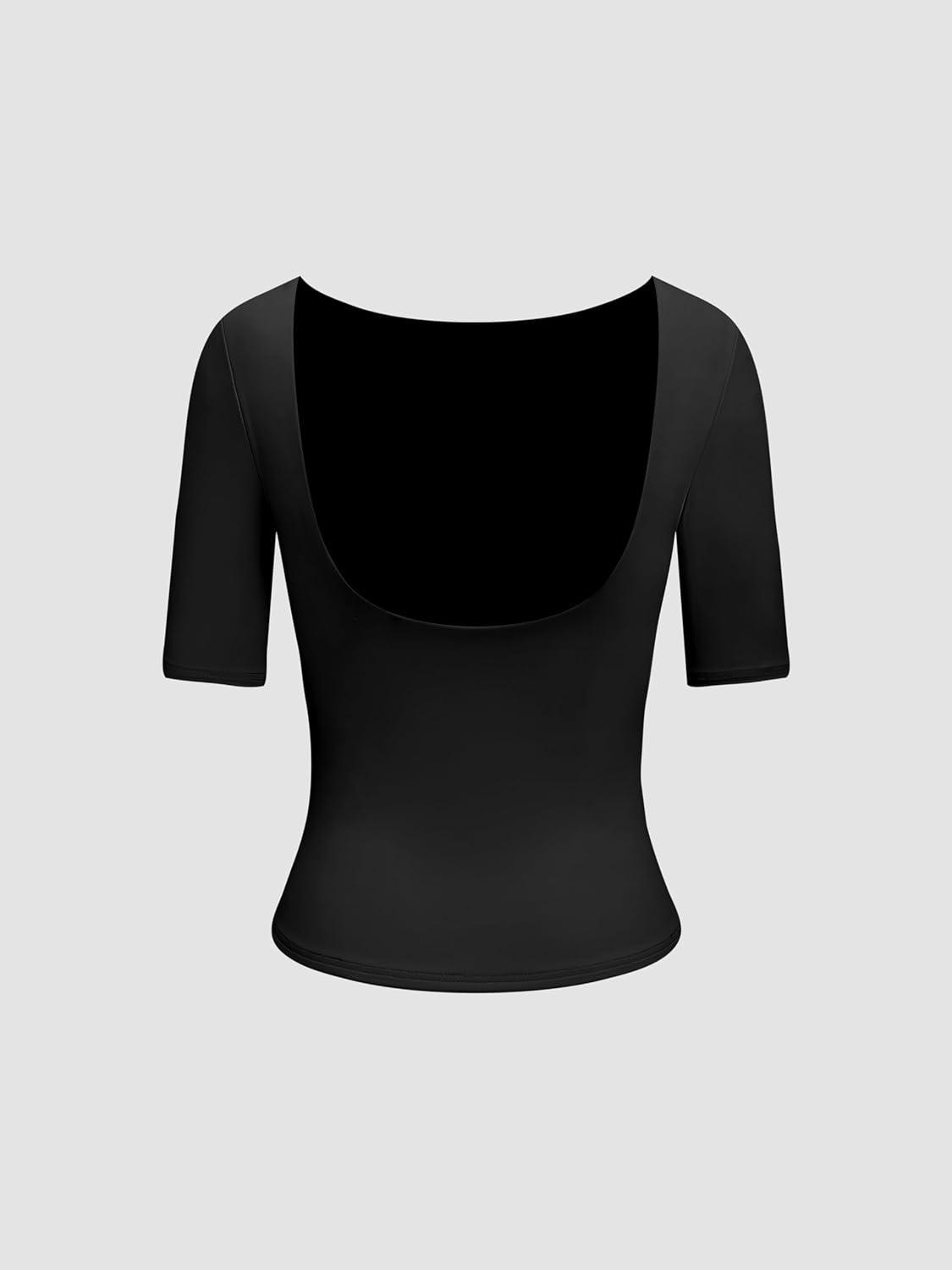 imageCIDER High Stretch Double Layered Boat Neck Solid Backless Short Sleeve TopBlack