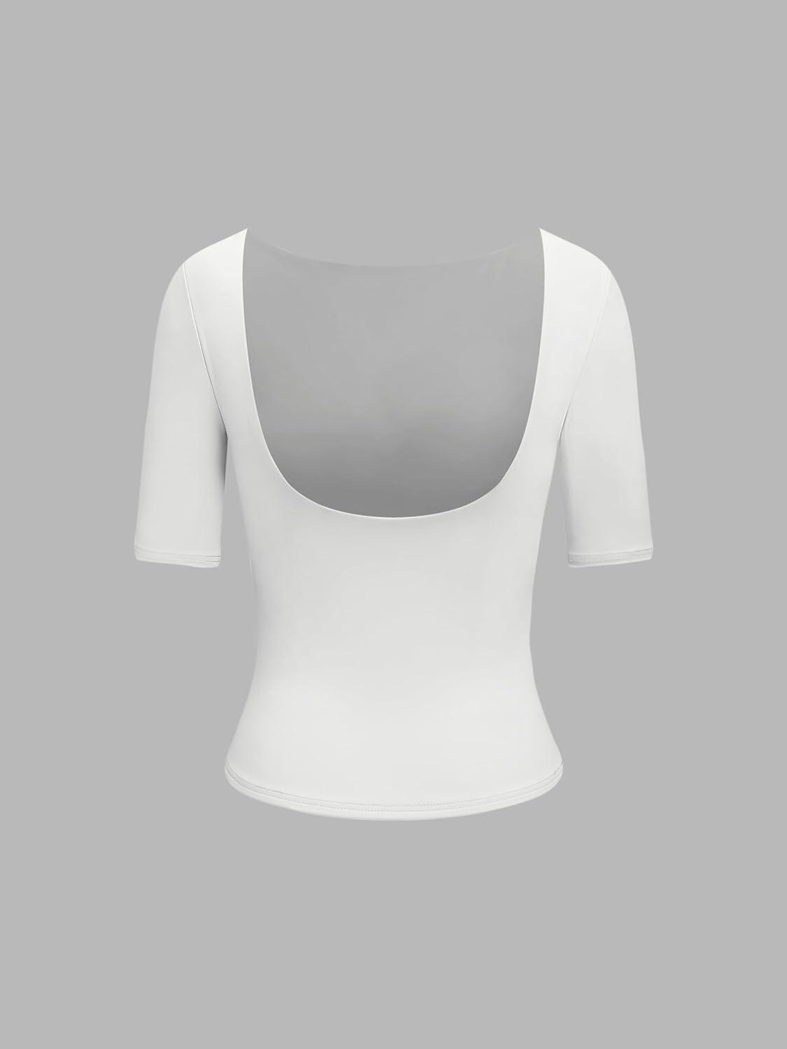 imageCIDER High Stretch Double Layered Boat Neck Solid Backless Short Sleeve TopWhite