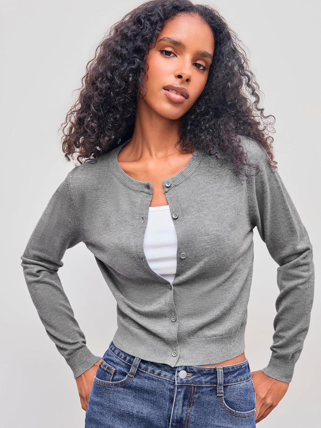 imageCIDER Knit Round Neckline Solid Button CardiganGrey