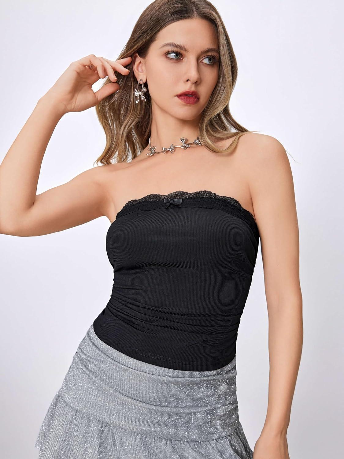 imageCIDER Lace Trim Tube Tops for Women Strapless Ribbed Ruched Going Out Tops Crop Top for Summer 2025Black