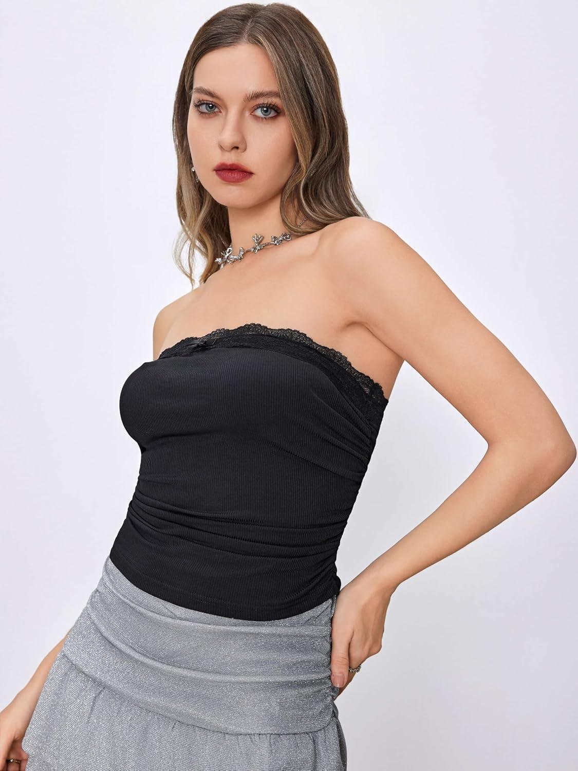 imageCIDER Lace Trim Tube Tops for Women Strapless Ribbed Ruched Going Out Tops Crop Top for Summer 2025Black