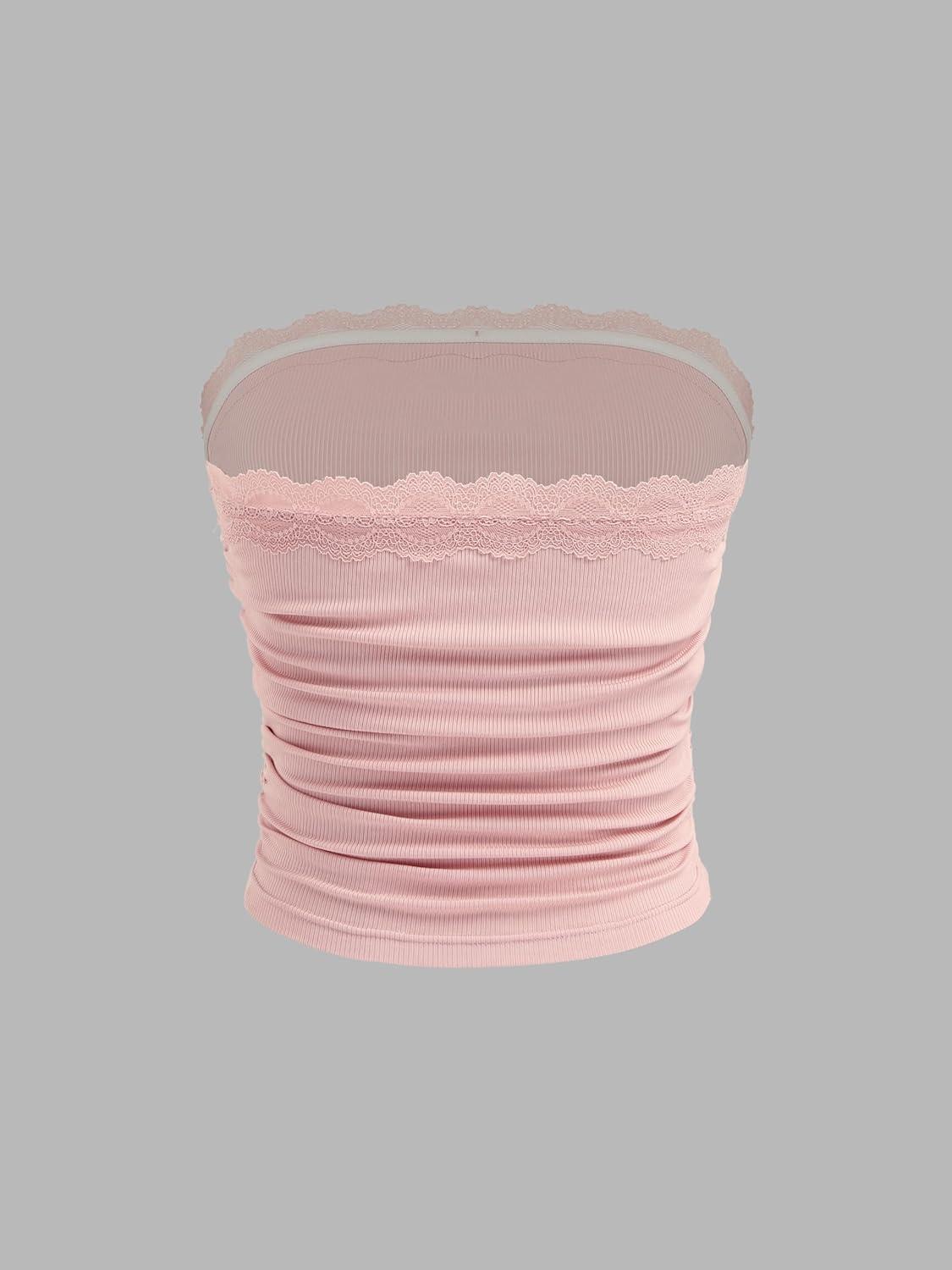imageCIDER Lace Trim Tube Tops for Women Strapless Ribbed Ruched Going Out Tops Crop Top for Summer 2025Light Pink